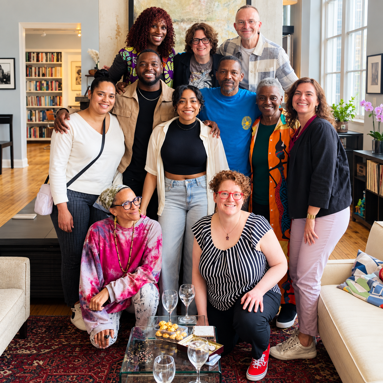 Eleven people posing together for a group photo in a sunlit living room